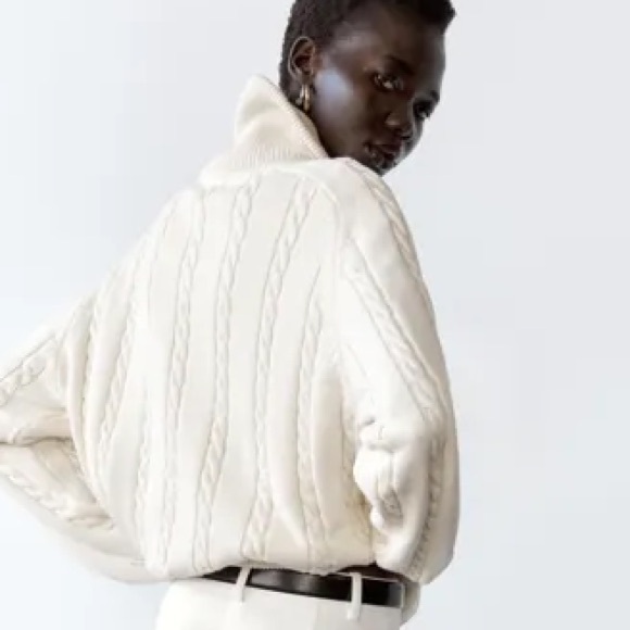 ZARA Women’s Cream Cotton Cable-knit Polo Dad Sweater with Zip Collar | XL NWT - Picture 5 of 13